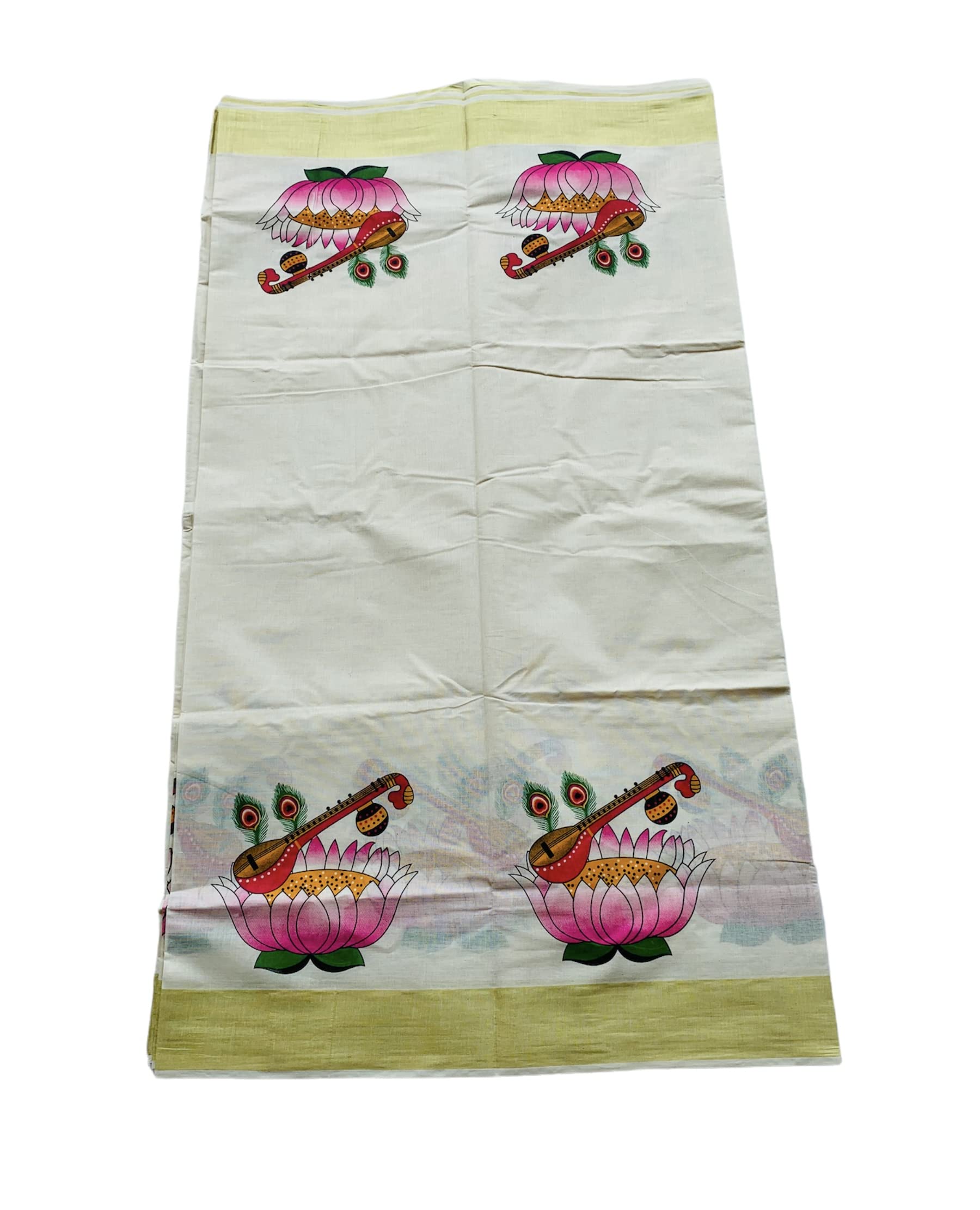 Kuthampully Kerala Sarees For Women | Printed Onam Saree For Women | Multicolor Tissue Mural Cotton Saree | Traditional South Indian Sarees | Authentic Women's Zari Kasavu | EKM-486 | Pack Of 1