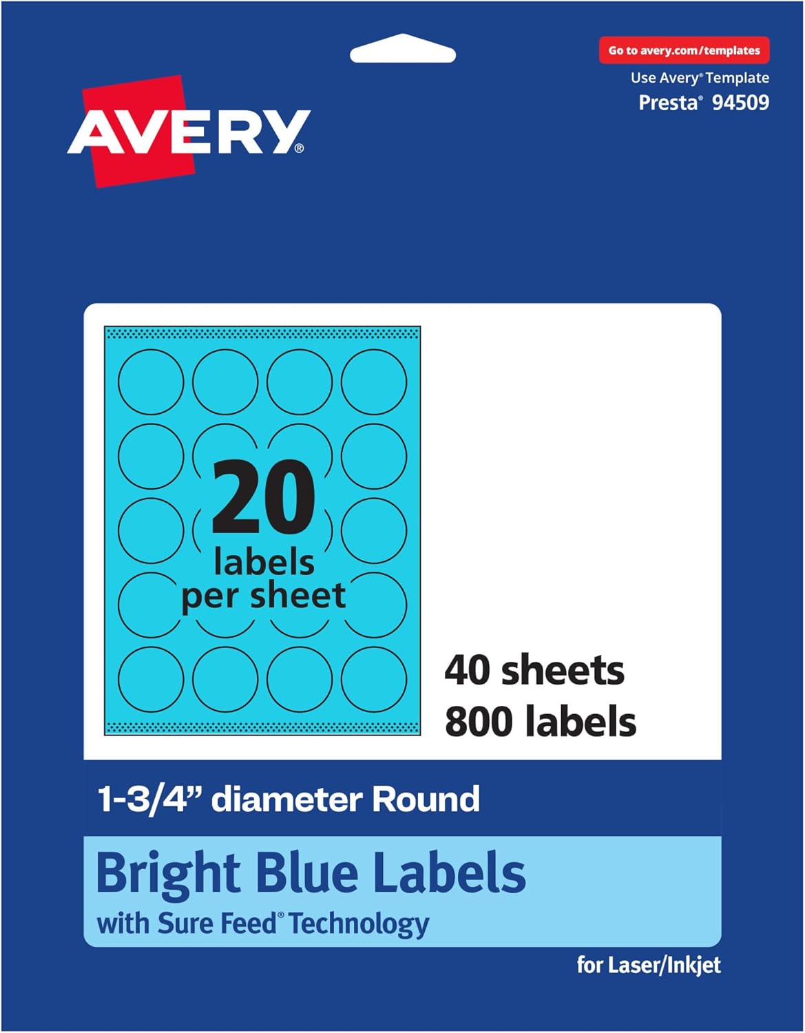 AVERY Printable Round Labels, Sure Feed Technology, 1.75" Diameter, Bright Blue, Print-to-the-Edge, Laser/Inkjet Compatible