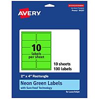 Avery Printable Rectangle Labels, Sure Feed Technology, 2" x 4", Neon Green, Laser/Inkjet Printable