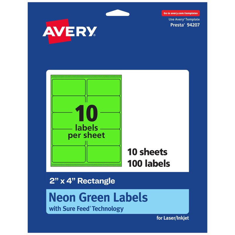 Avery Printable Rectangle Labels, Sure Feed Technology, 2" x 4", Neon Green, Laser/Inkjet Printable