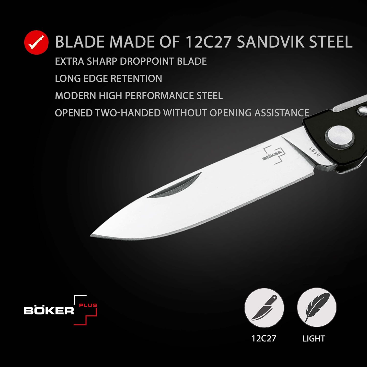 BÖKER PLUS® Atlas Black pocket knife - 2-hand full metal folding knife with sharp 12C27 Sandvik blade - EDC