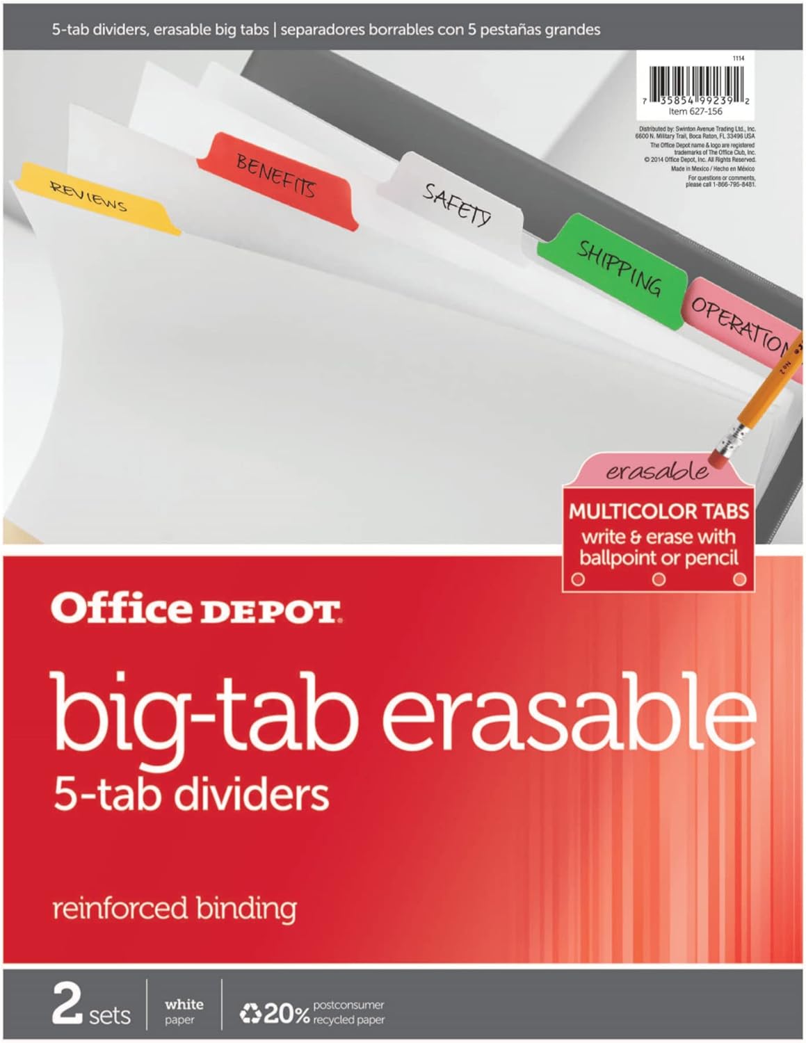 Office Depot Erasable Big Tab Dividers, 5-Tab, Assorted Colors, Pack of 2 Sets, 3585478683