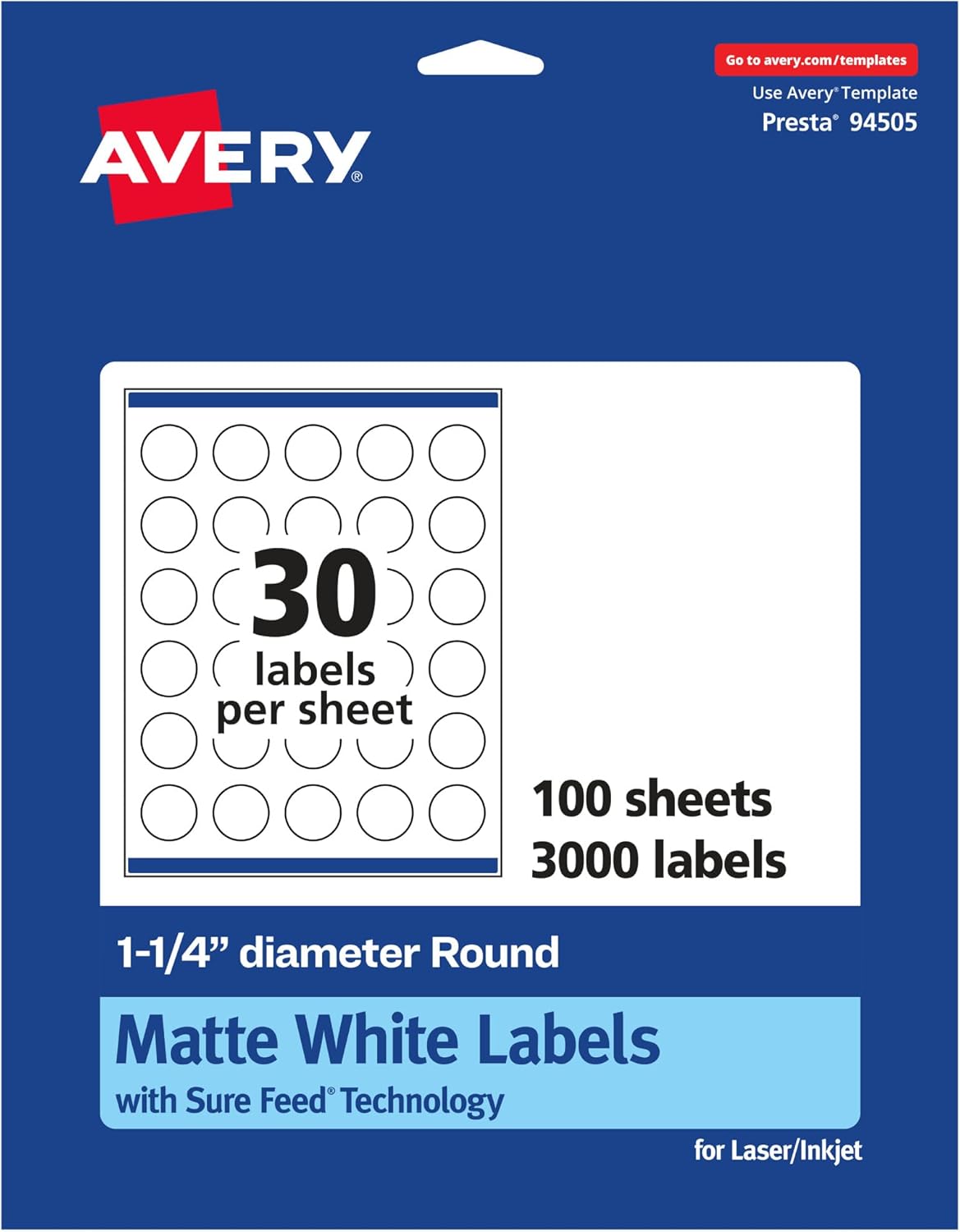 Avery Matte White Round Labels, Sure Feed Technology, 1.25" Diameter