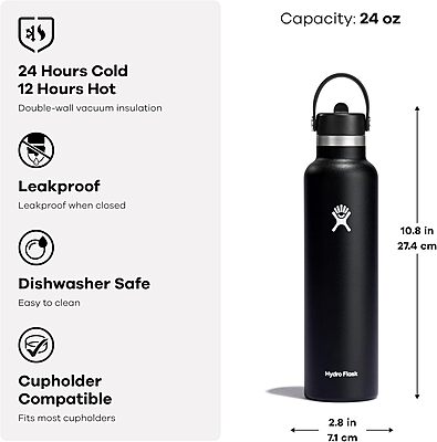 Hydro Flask Water Bottle - Insulated Stainless Steel - Straw Lid, Non Spill, Leakproof 24 Oz Trillium Pink