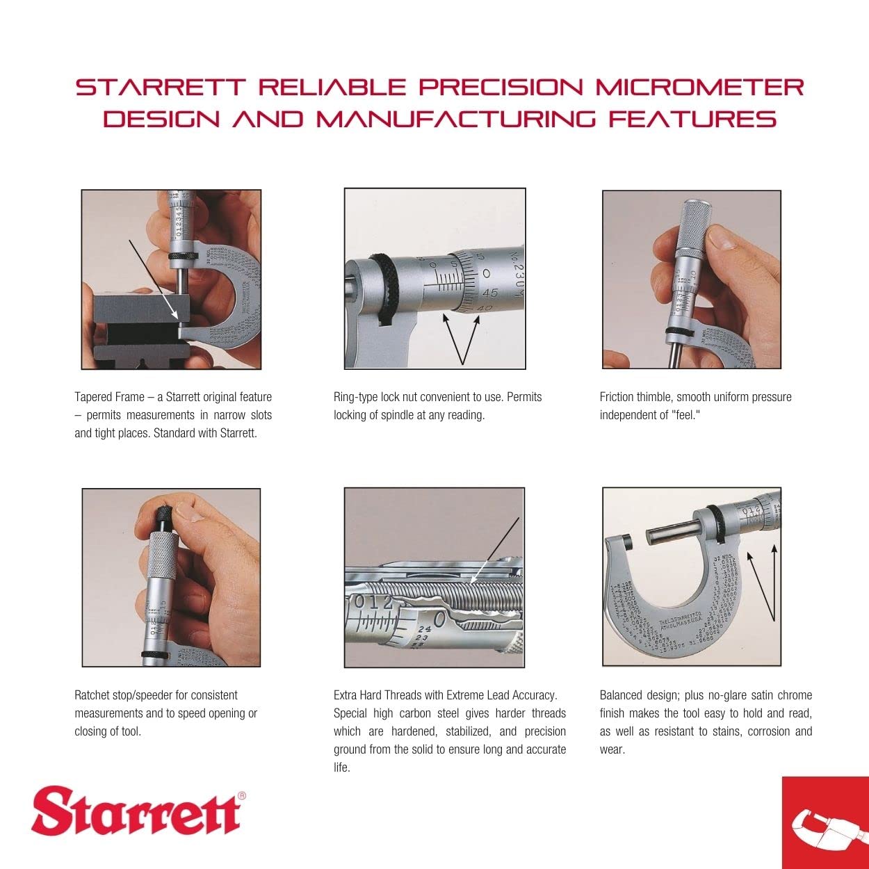 Starrett Outside Micrometer with One-Piece Spindle, Satin Chrome Finish and Advanced Sleeve Design