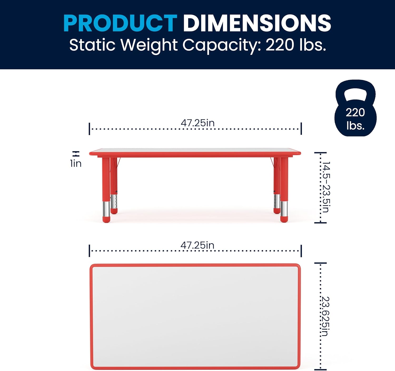 Flash Furniture Wren 23.625''W x 47.25''L Rectangular Red Plastic Height Adjustable Activity Table with Grey Top Red Set of 1