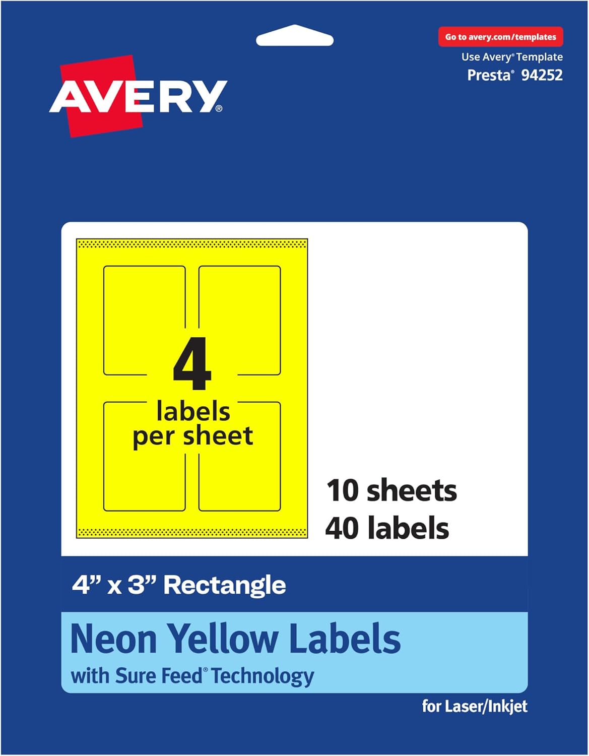 Avery Printable Rectangle Labels, Sure Feed Technology, 4" x 3", Neon Yellow, Print-to-The-Edge