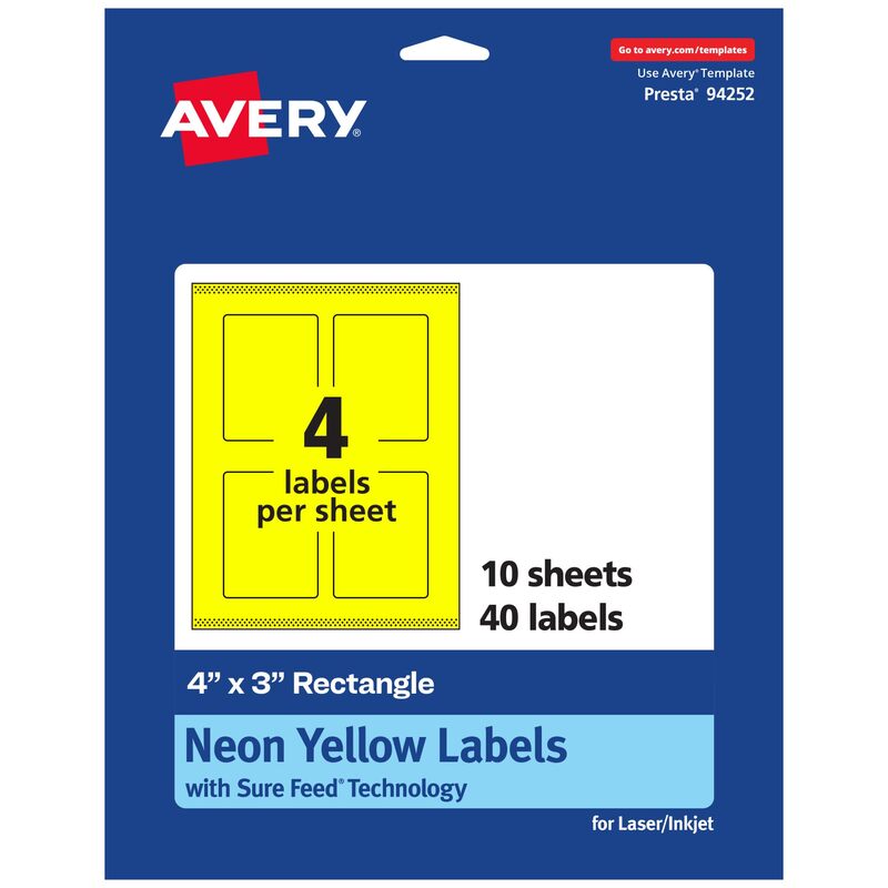 Avery Printable Rectangle Labels, Sure Feed Technology, 4" x 3", Neon Yellow, Print-to-The-Edge