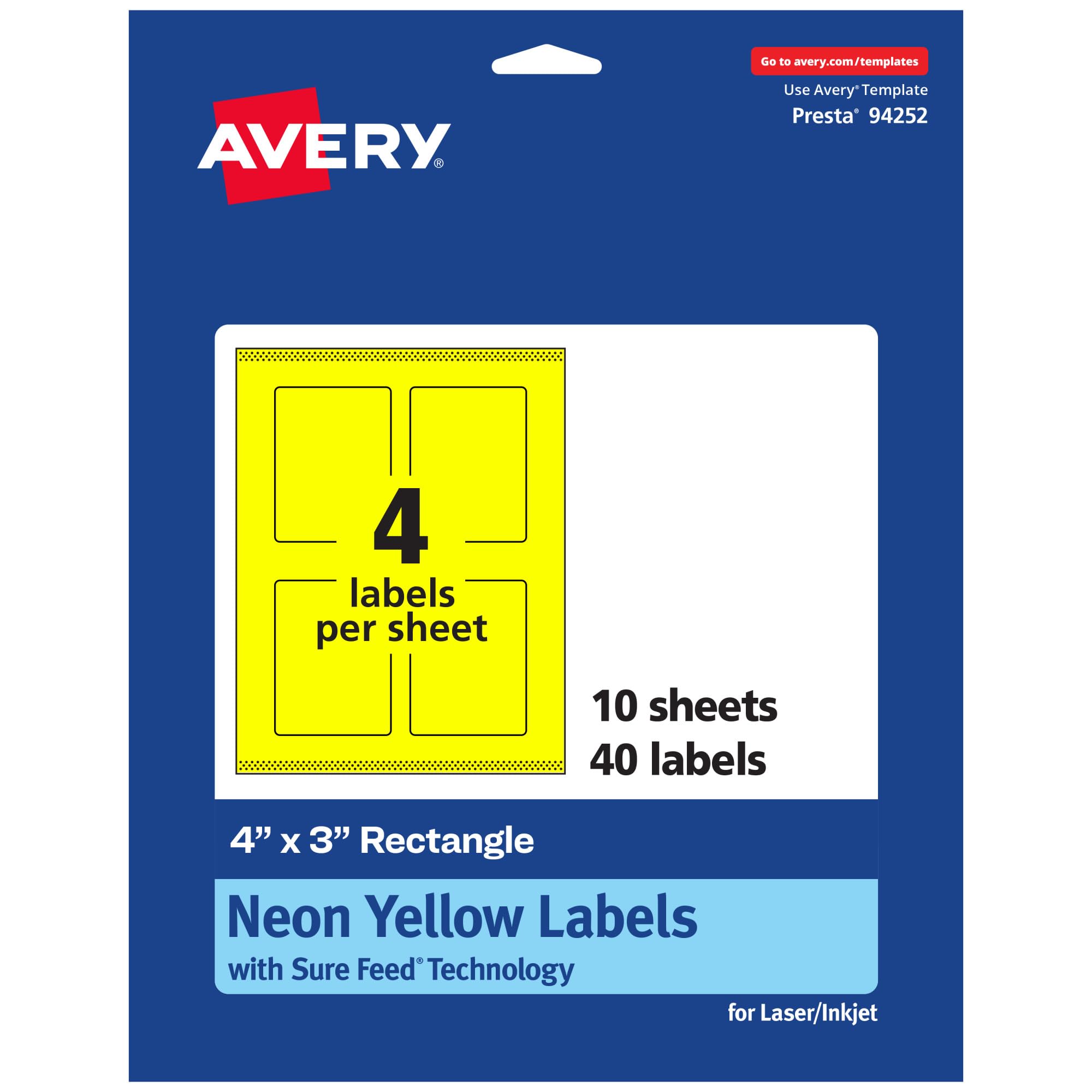 Avery Printable Rectangle Labels, Sure Feed Technology, 4" x 3", Neon Yellow, Print-to-The-Edge