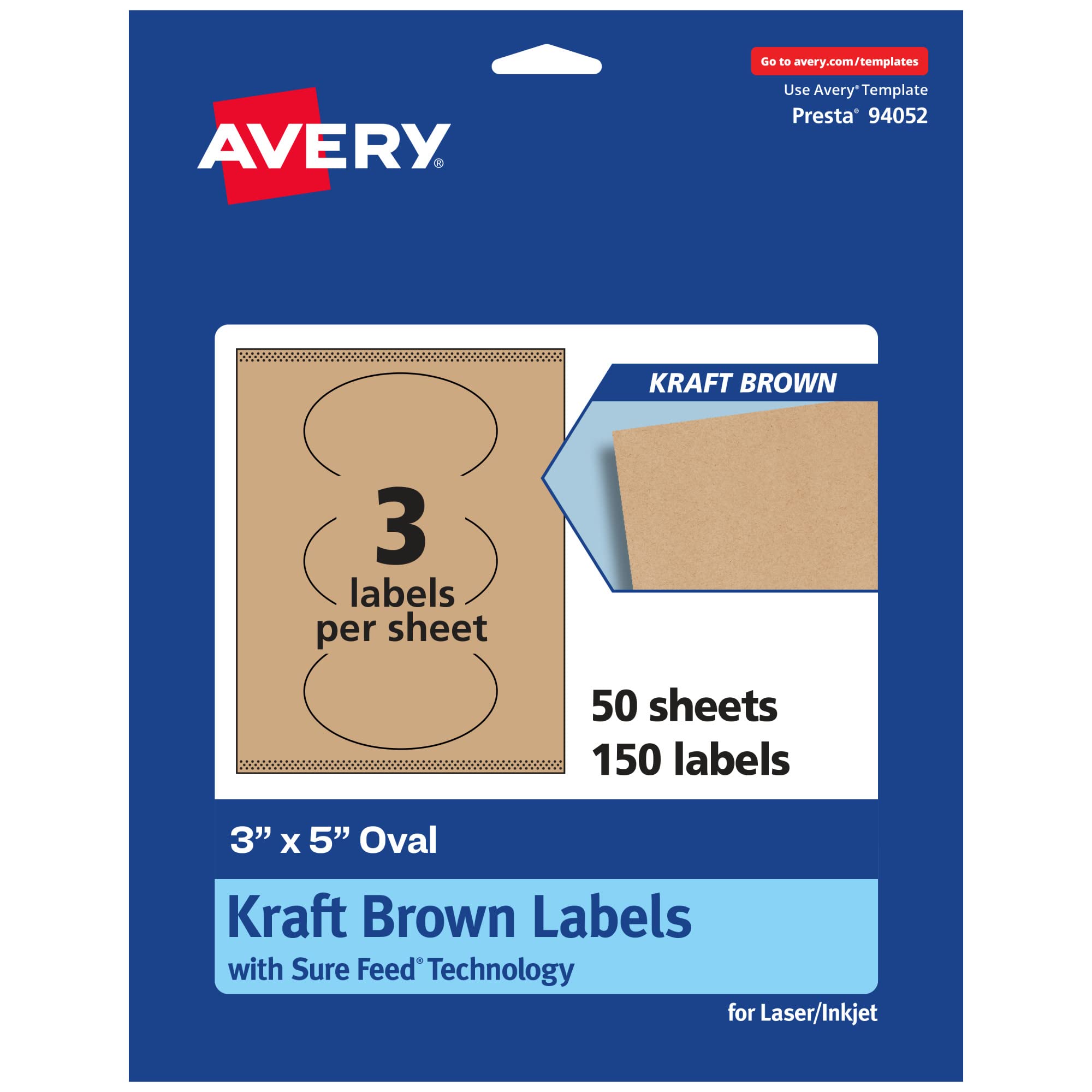 Avery Kraft Brown Oval Labels, Sure Feed Technology, 3" x 5", Print-to-The-Edge, Laser/Inkjet Printable, Permanent Adhesive