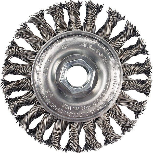 PFERD 82478 Power Knot Wheel Brush with Full Cable Twist, Threaded Hole, Narrow Face, Carbon Steel Bristles, 6" Diameter