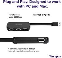 Targus 4-Port USB 2.0 Hub, Black - Compatible with PC and Mac, Sleek and Travel Friendly (ACH114US)