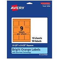 Avery Printable Square Labels, Sure Feed Technology, 2-1/2" x 2-1/2", Bright Orange Labels, Laser/Inkjet Printable, 90 Total, Great for Jars and Packaging 90 labels