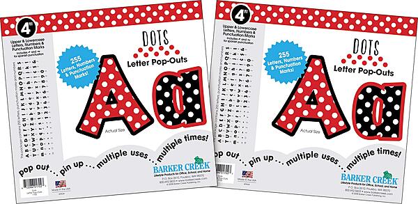 Barker Creek 4" Letter Pop-Outs 2-Pack, Dots, Jazz Up Your Bulletin Boards with These Colorful Letters, 510 Upper and Lowercase Letters, Numbers & Punctuation Marks, 4" (3627)
