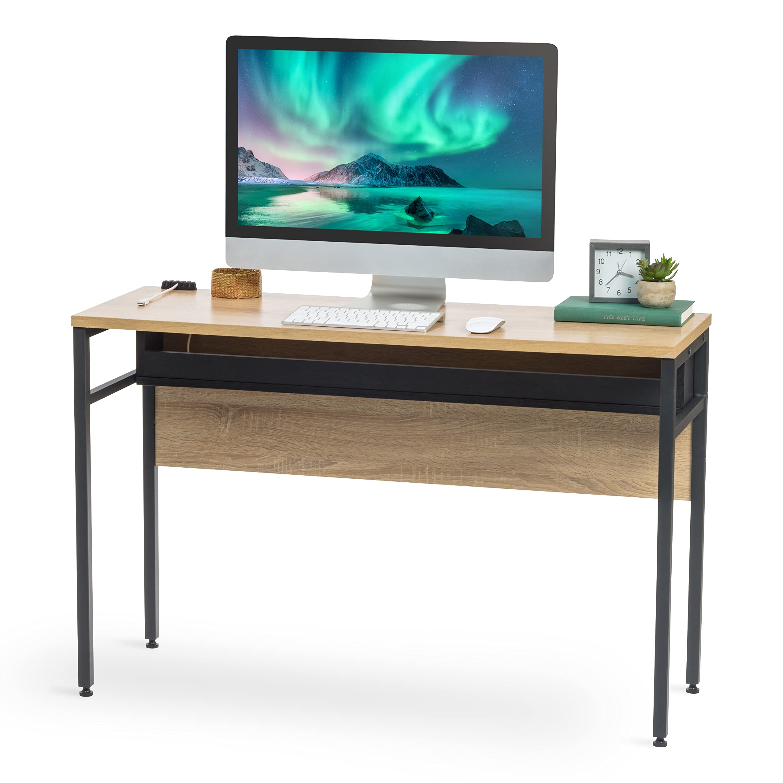 IRIS USA Computer Desk Slim Rustic Industrial Table with Matte Black Steel Frame and Heavy-Duty Wooden Tabletop