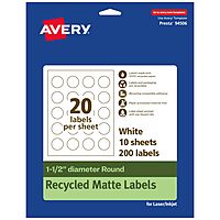 Avery EcoFriendly Matte White Recycled Round Labels, 1.5" Diameter, Print-to-The-Edge, Matte White Labels, Permanent Adhesive, Laser/Inkjet Printable, 200 Total 200 labels