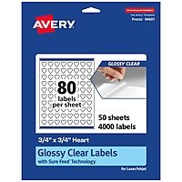 Avery Glossy Clear Heart Labels, Sure Feed Technology, 0.75" x 0.75"
