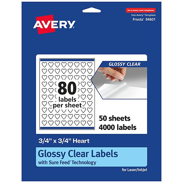 Avery Glossy Clear Heart Labels, Sure Feed Technology, 0.75" x 0.75"