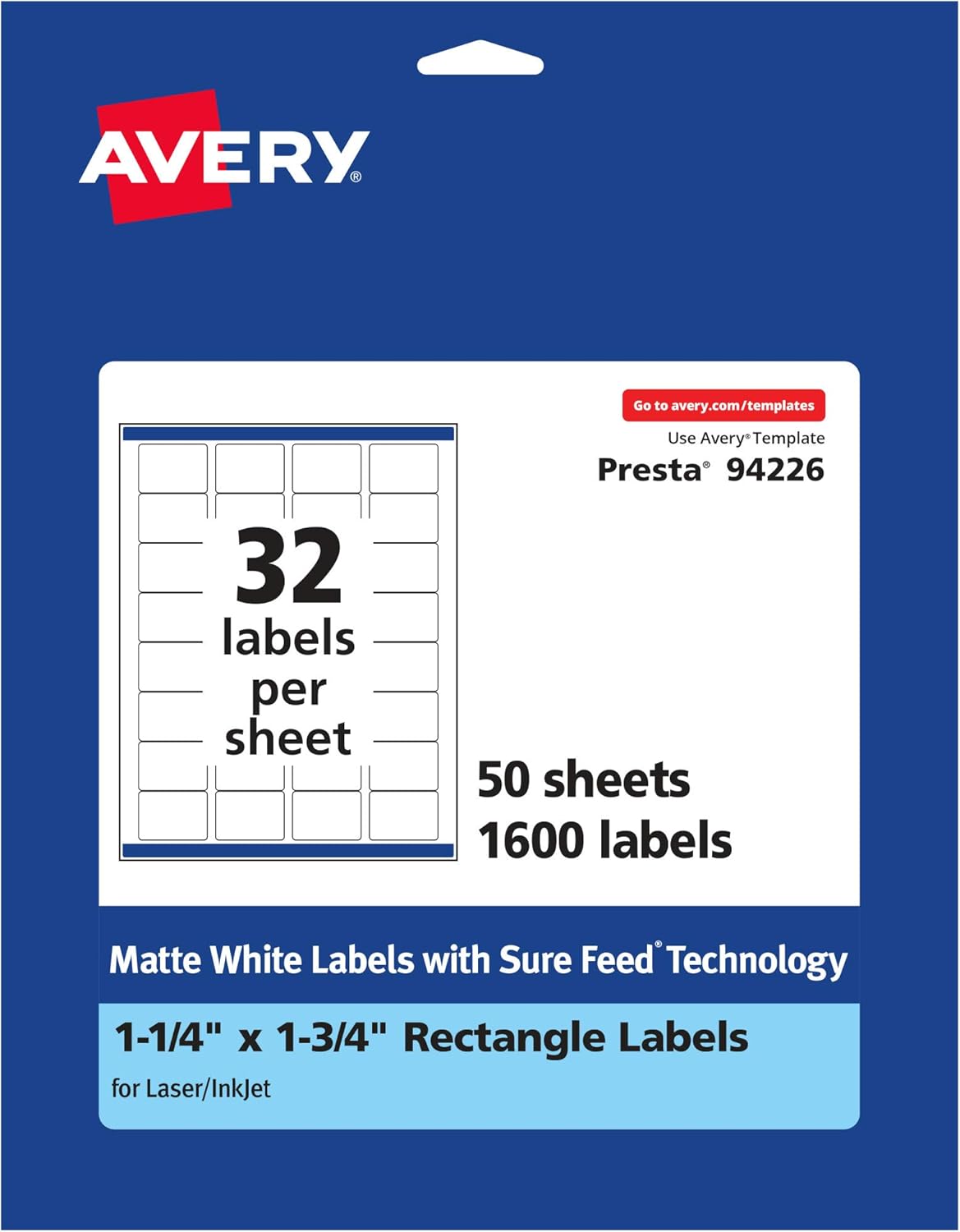 Avery Matte White Rectangle Labels, Sure Feed Technology, 1.25" x 1.75"