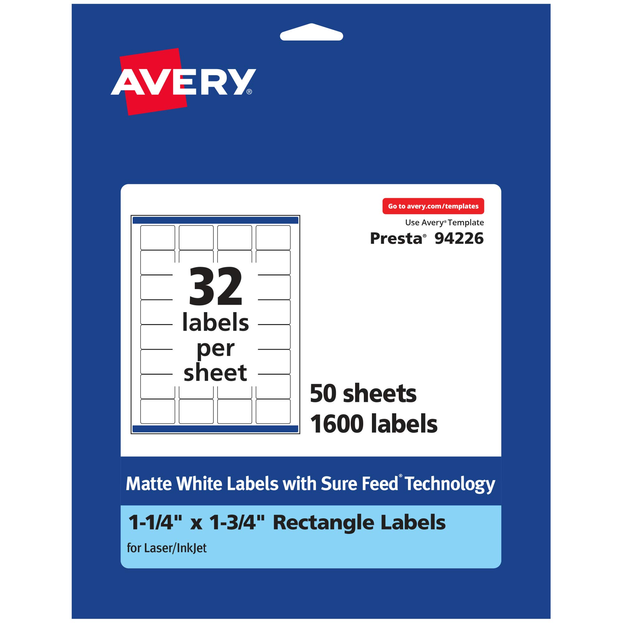Avery Matte White Rectangle Labels, Sure Feed Technology, 1.25" x 1.75"