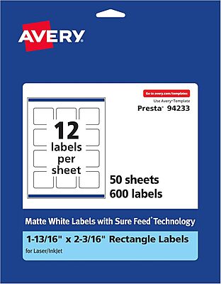 AVERY Matte White Rectangle Labels, Sure Feed Technology, 1-13/16 x 2-3/16