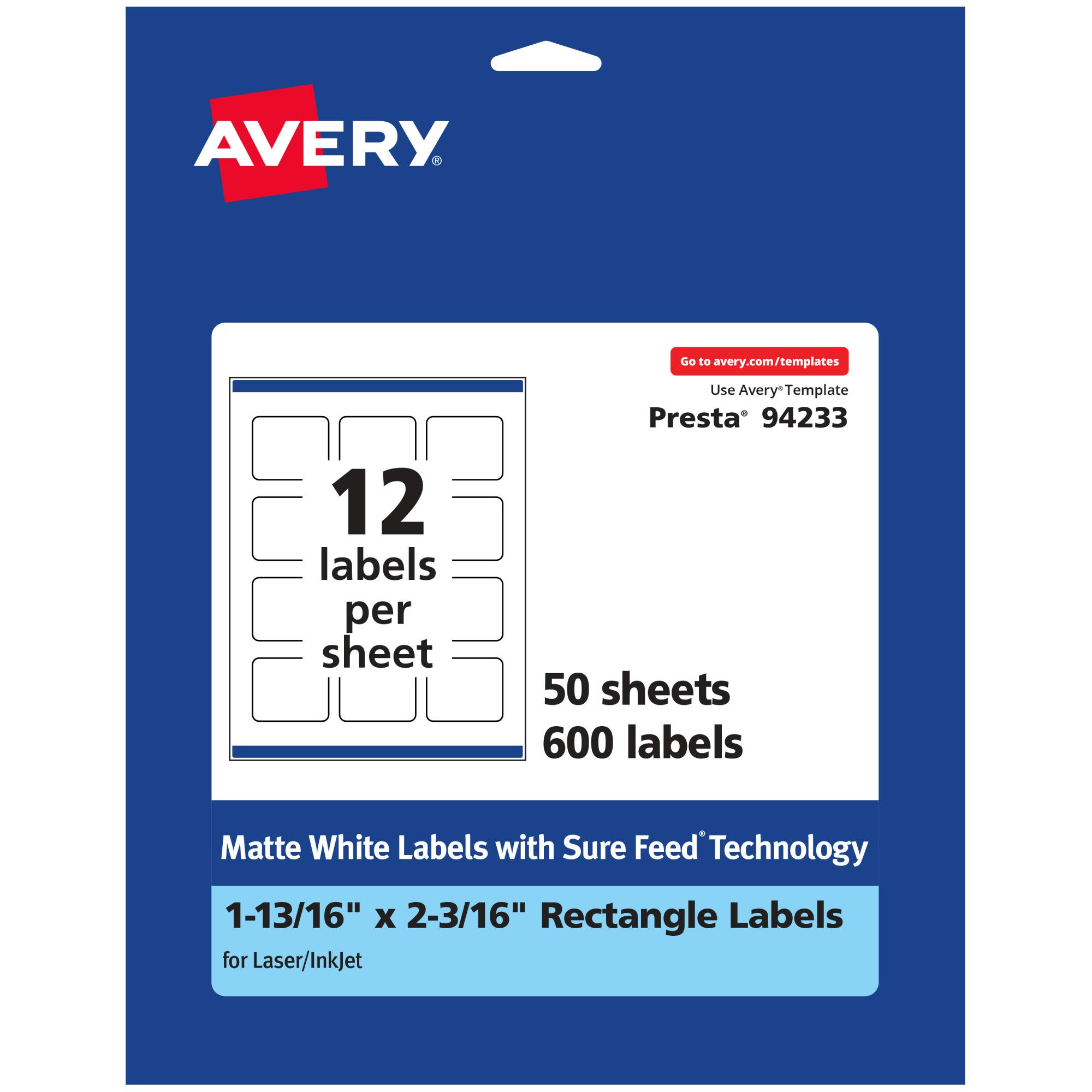 AVERY Matte White Rectangle Labels, Sure Feed Technology, 1-13/16 x 2-3/16