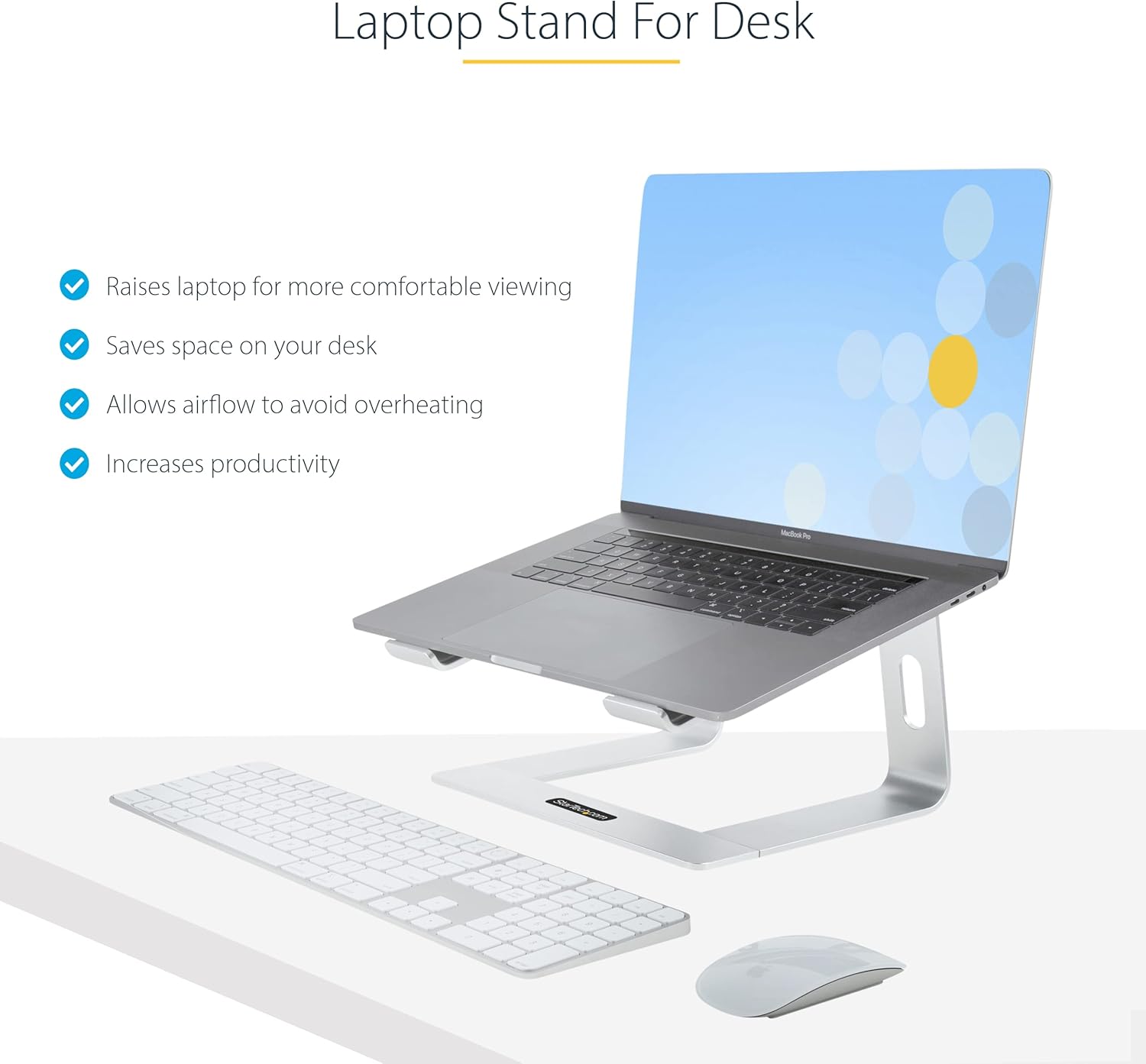 StarTech.com Laptop Stand for Desk, Supports 5kg/11lb, Aluminum, Silver, Ergonomic Laptop Riser, Portable Laptop Holder