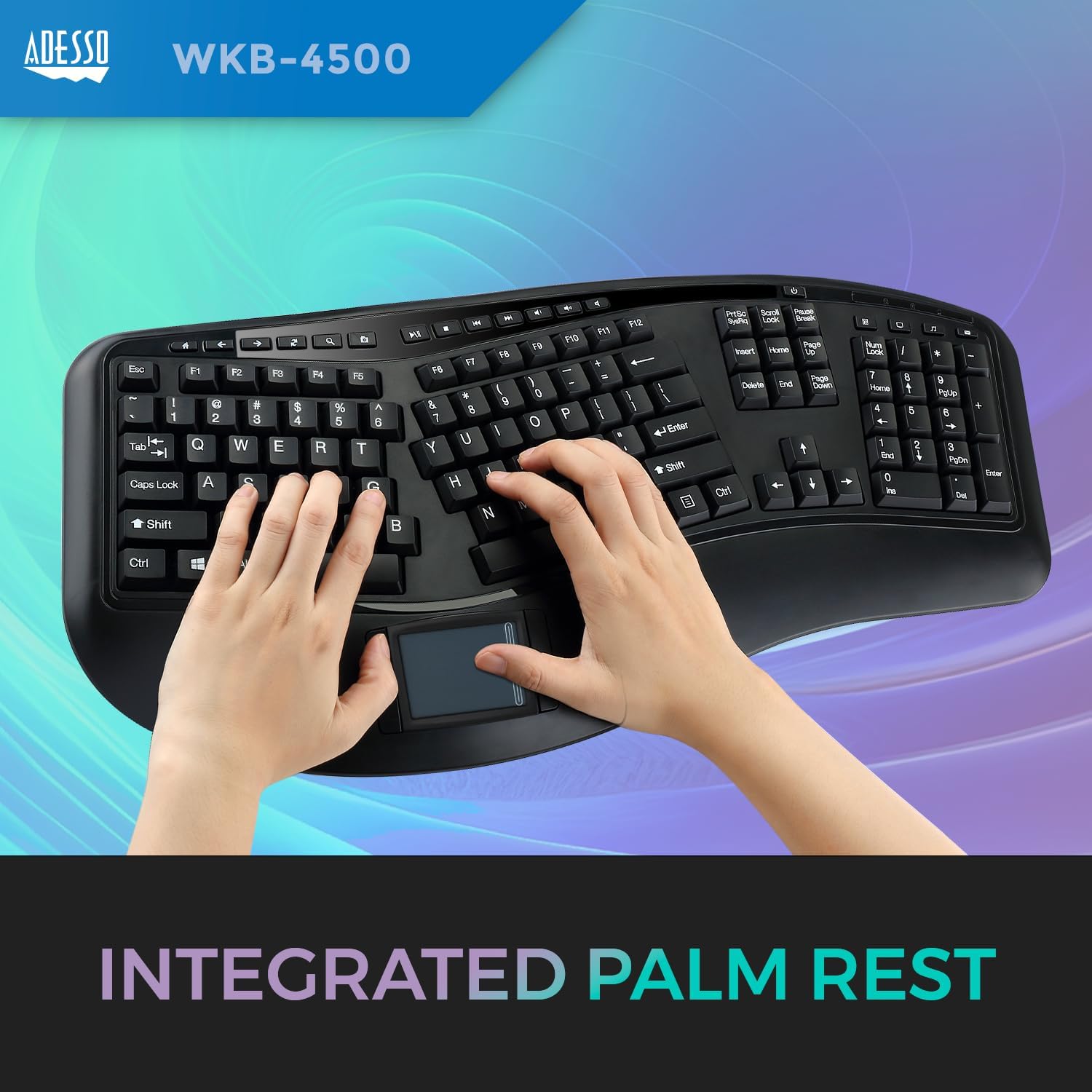 WKB-4500UB - Wireless Ergonomic Desktop Touchpad Keyboard, Split Keys Design, Palm Rest, Media Control Hotkeys