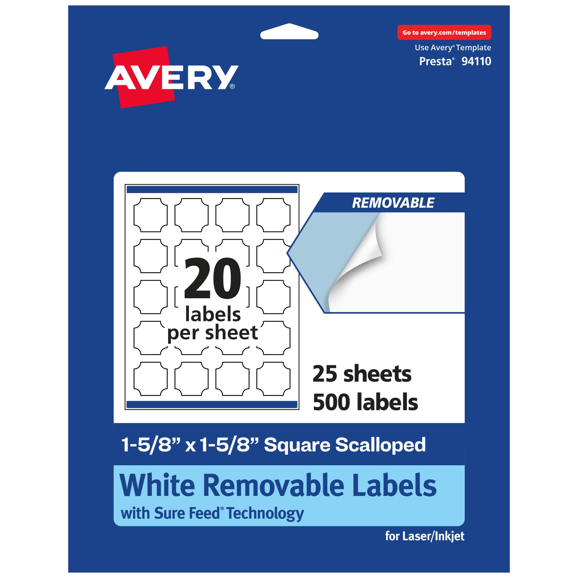 Avery Matte White Removable Square Scalloped Labels, Sure Feed Technology, Print-to-The-Edge, 1-5/8" x 1-5/8"