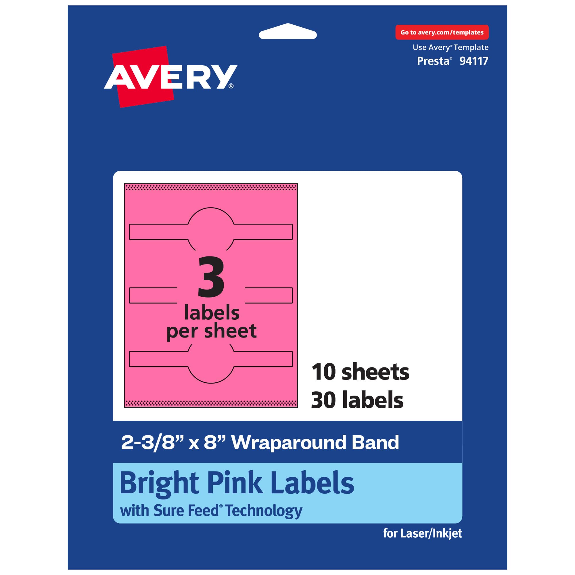 Avery Printable Wraparound Band Labels, Sure Feed Technology, 2-3/8" x 8", Bright Pink, Cigar Band Labels - 24B695