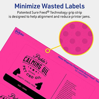 Avery Printable Rectangle Labels, Sure Feed Technology, 3" x 6", Neon Magenta Labels, Print-to-The-Edge