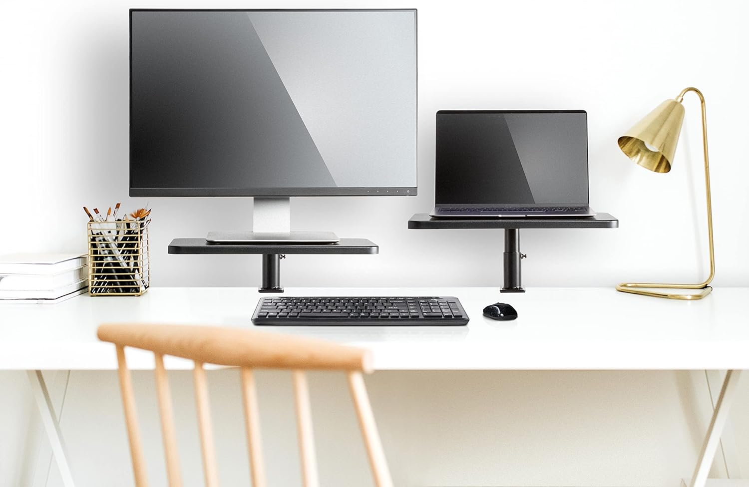 Allsop Ascend Metal/Wood Adjustable Monitor Stands, 5-3/4inH x 15inW x 9-1/4inD, Brown, Set Of 2 Stands