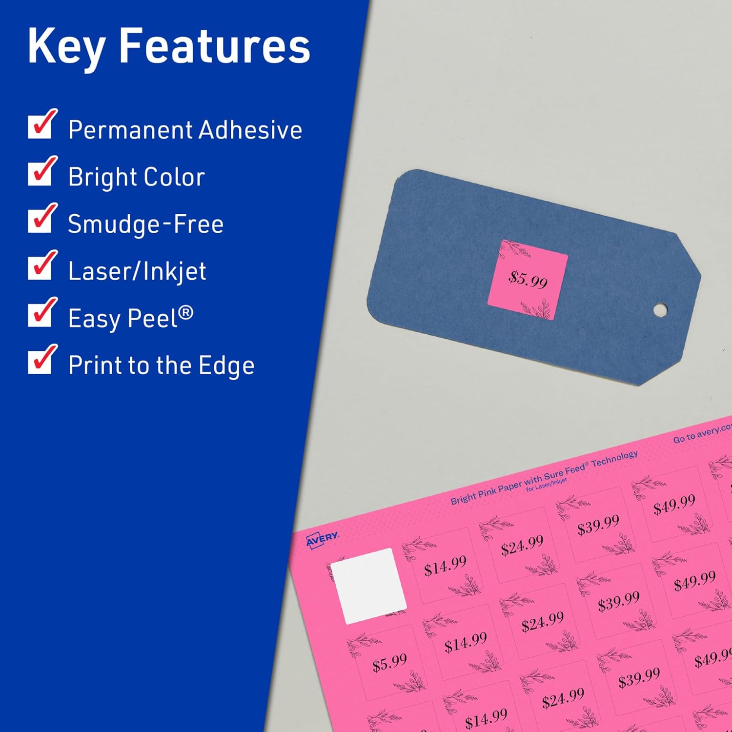 AVERY Printable Square Labels, Sure Feed Technology, 1-1/2" x 1-1/2", Bright Pink