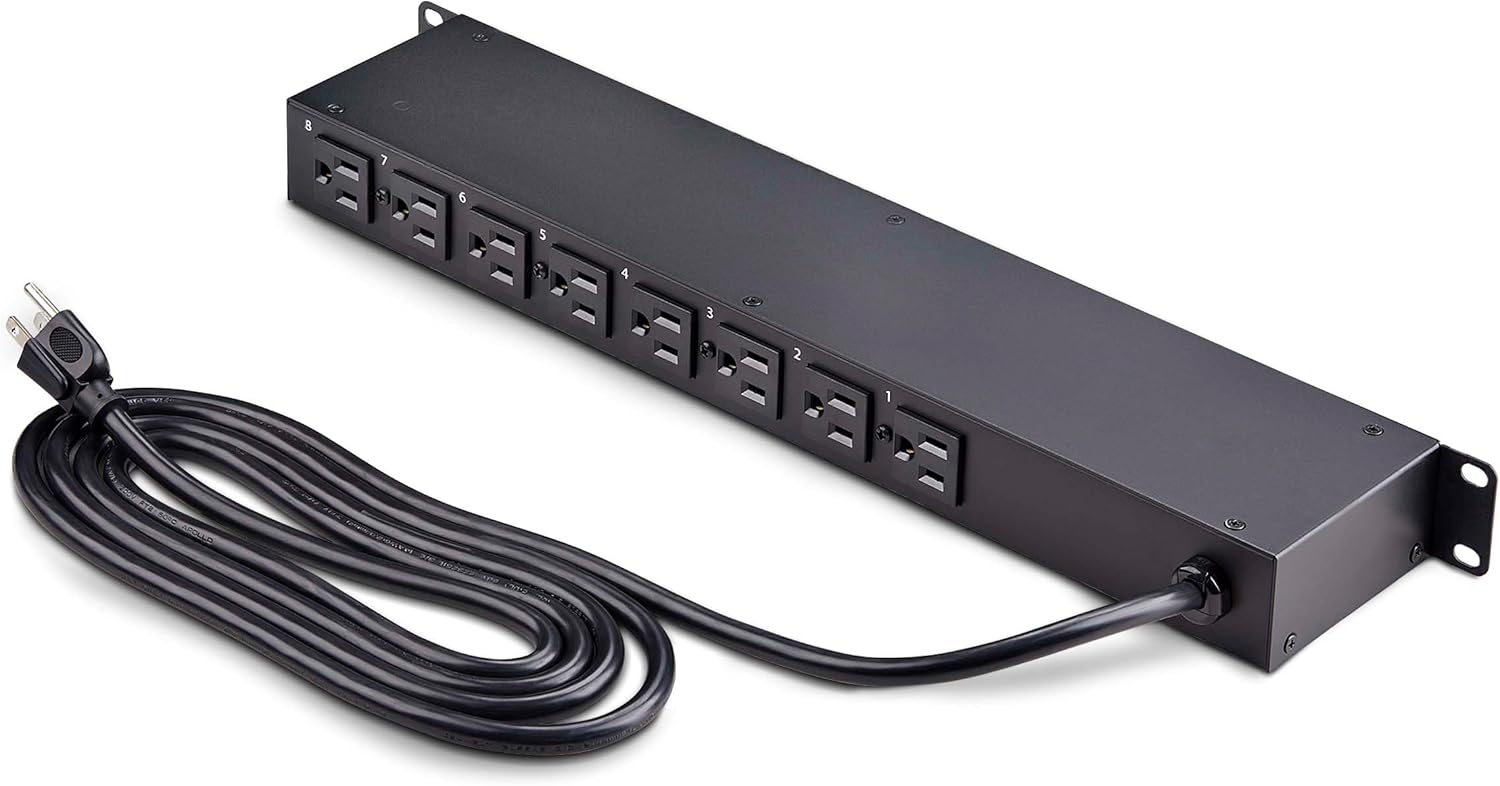 StarTech.com 8-Outlet Horizontal Rack Mount PDU, 1U Power Strip, Outlet On/Off Switches, 15A Breaker
