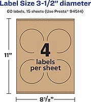 Avery Kraft Brown Round Labels, Sure Feed Technology, 3.5" Diameter, 60 Kraft Brown Labels, Print-to-The-Edge, Laser/Inkjet Printable 60 labels