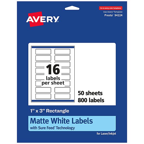Avery Matte White Rectangle Labels, Sure Feed Technology, 1" x 3"