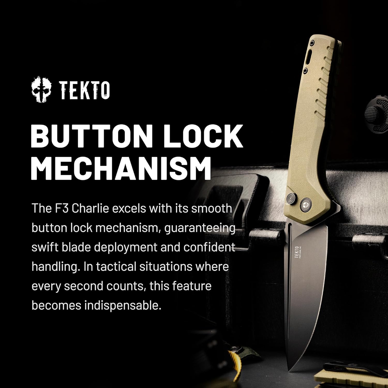 F3 Charlie Button Lock Folding Knife, Fine Edge Blade, Tactical OD Green G10 Handle