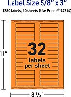 Avery Printable Rectangle Labels, Sure Feed Technology, 5/8" x 3", Bright Orange