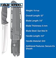COLD STEEL Warcraft San Mai III Tanto Fixed Blade Knife with G-10 Handle and Secure-Ex Sheath