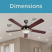 Black+Decker BCF5211 52-Inch 5-Bladed Pull Chain Brushed Nickel Ceiling Fan - 5 Blades - 52in Diameter - 3 Speed - Adjustable Airflow - Glass, Nickel