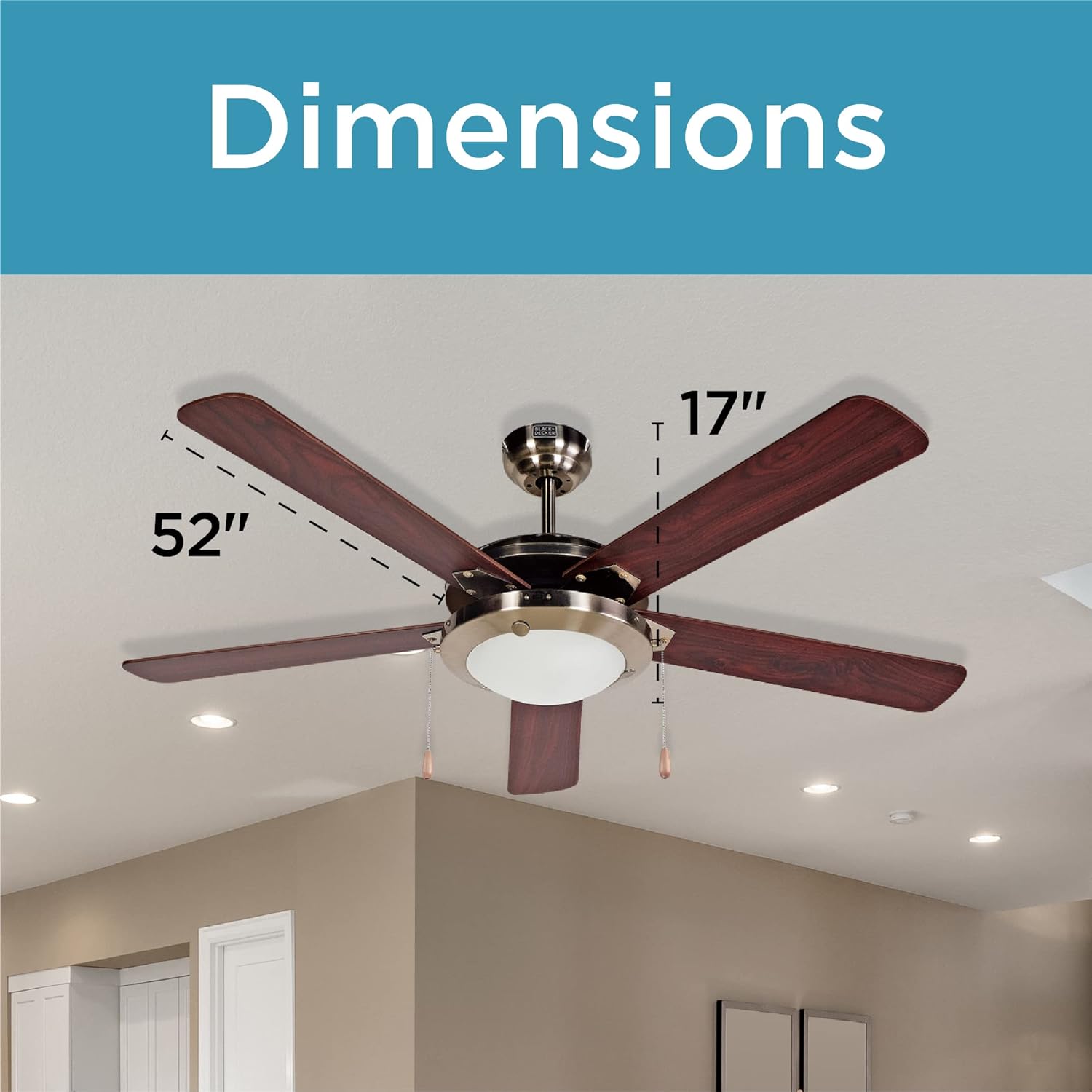 Black+Decker BCF5211 52-Inch 5-Bladed Pull Chain Brushed Nickel Ceiling Fan - 5 Blades - 52in Diameter - 3 Speed