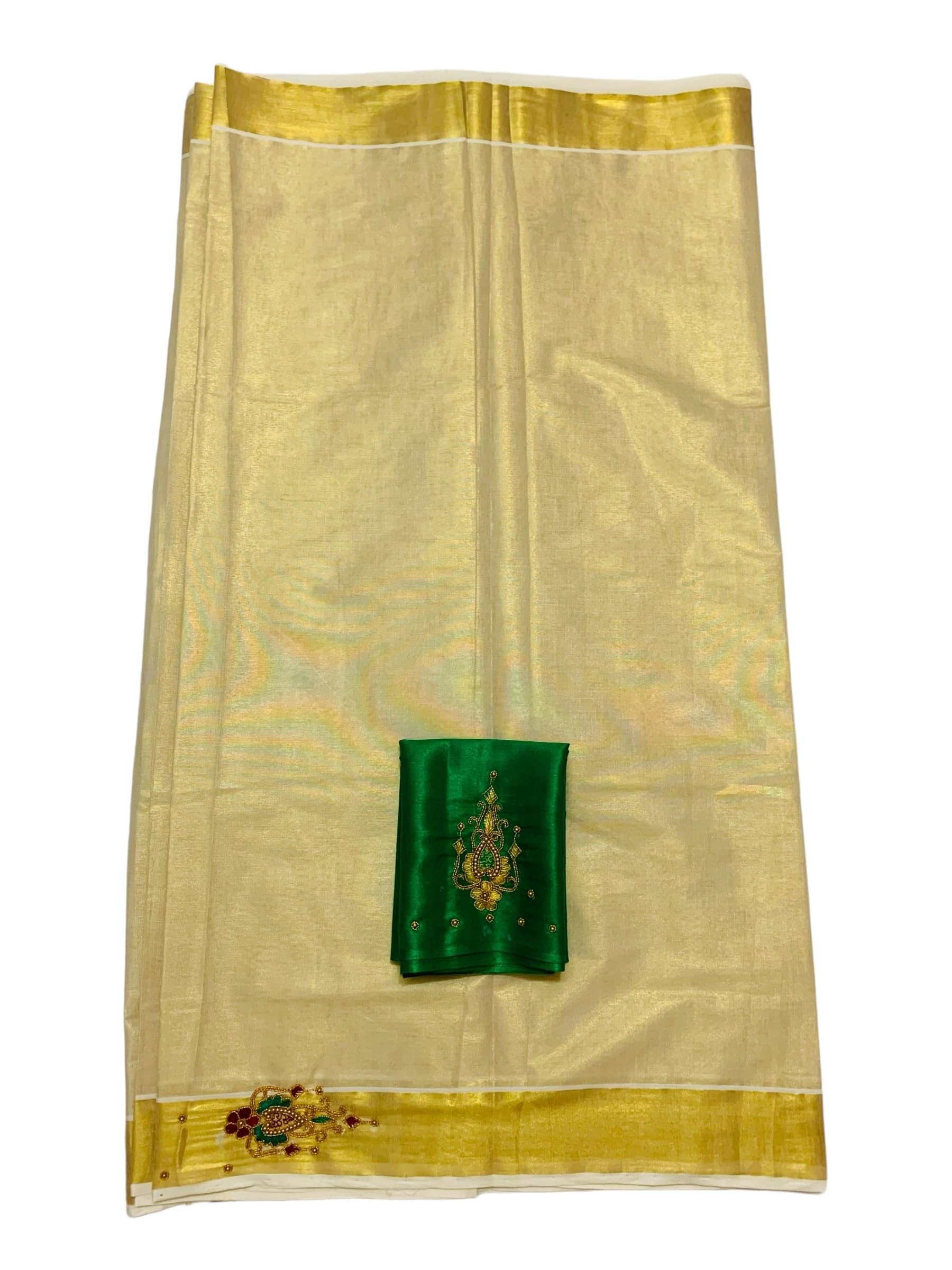 Kuthampully Kerala Kasavu Sarees For Women | Handcrafted Aari work Kerala Sarees | Tissue Onam Saree With Running Blouse | South Indian Sarees | Onam Saree EKM-837 (Green)