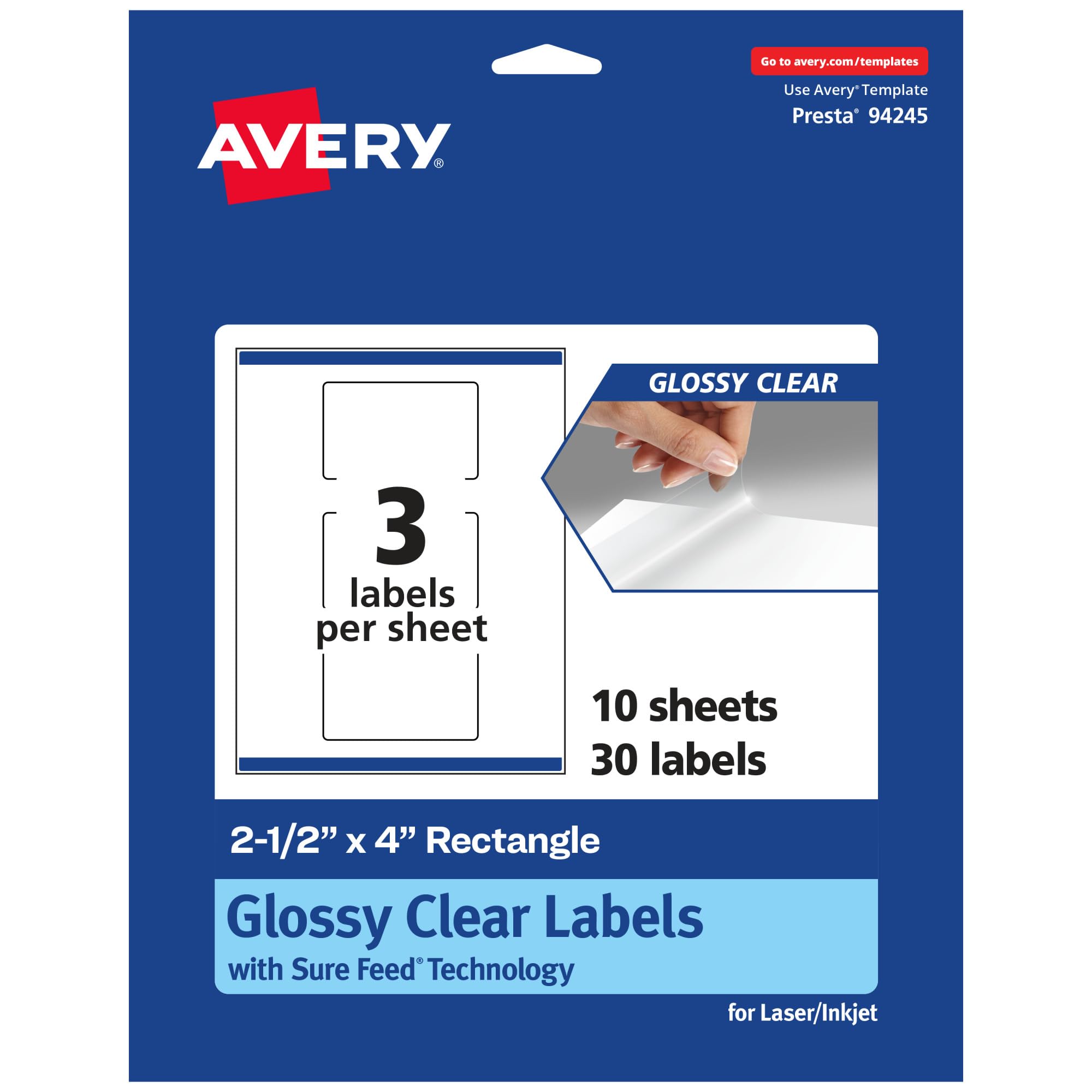 Avery Glossy Clear Rectangle Labels, Sure Feed Technology, 2.5" x 4", Print-to-the-Edge, Laser/Inkjet Printable