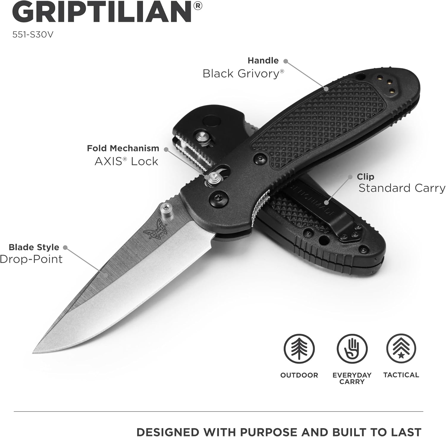 Benchmade - Griptilian Knife, Plain Edge, Nylon Handle Drop-Point Plain Edge/Satin Finish