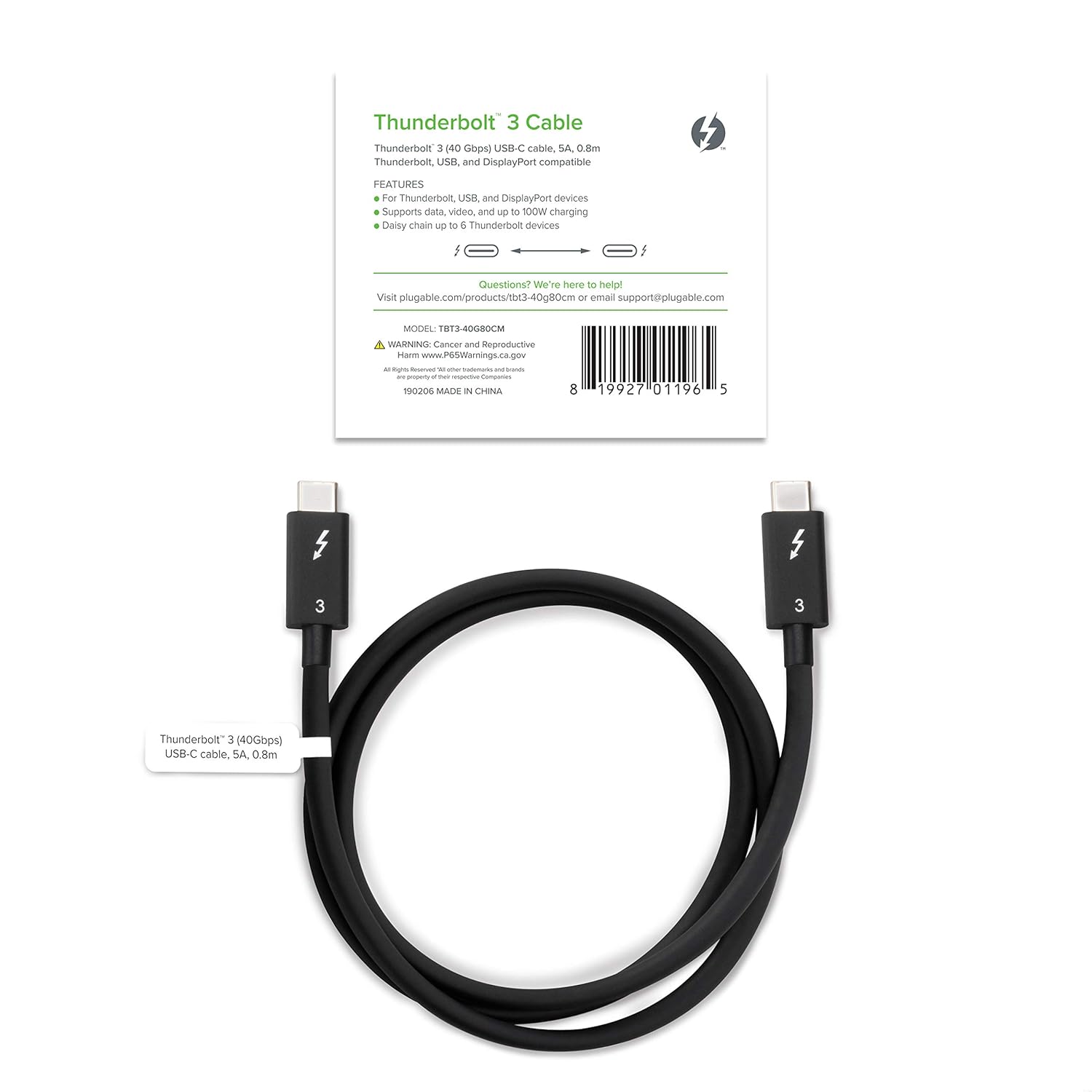 Plugable Thunderbolt 3 Cable 40Gbps Supports 100W (20V, 5A) Charging, 2.6ft / 80cm Thunderbolt-Certified USB C Compatible