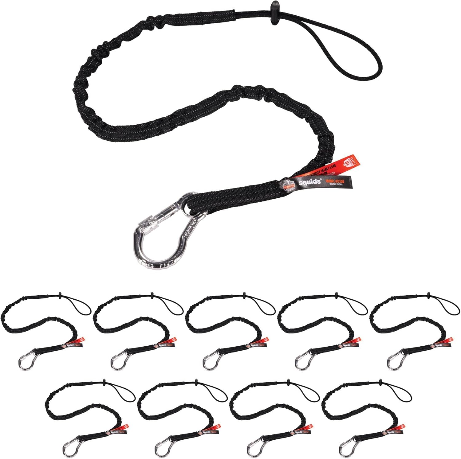 Ergodyne Squids 3100 Tool Lanyard with Single Carabiner and Adjustable Loop End, Standard Length Black