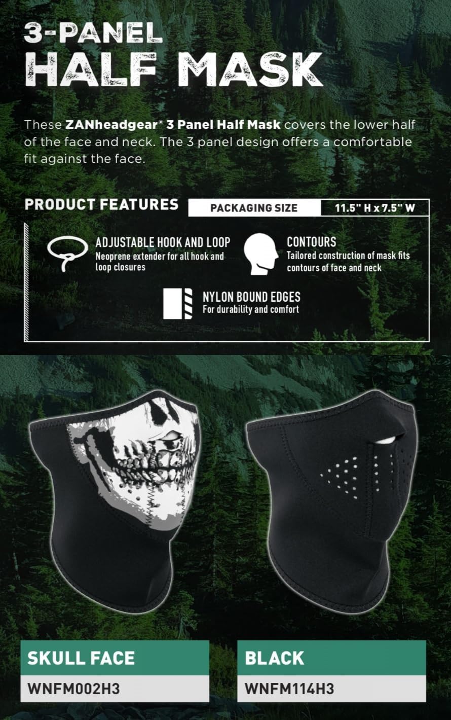 ZANheadgear Neoprene 'Skull' Design 3-Panel Half Mask (Black, One Size)