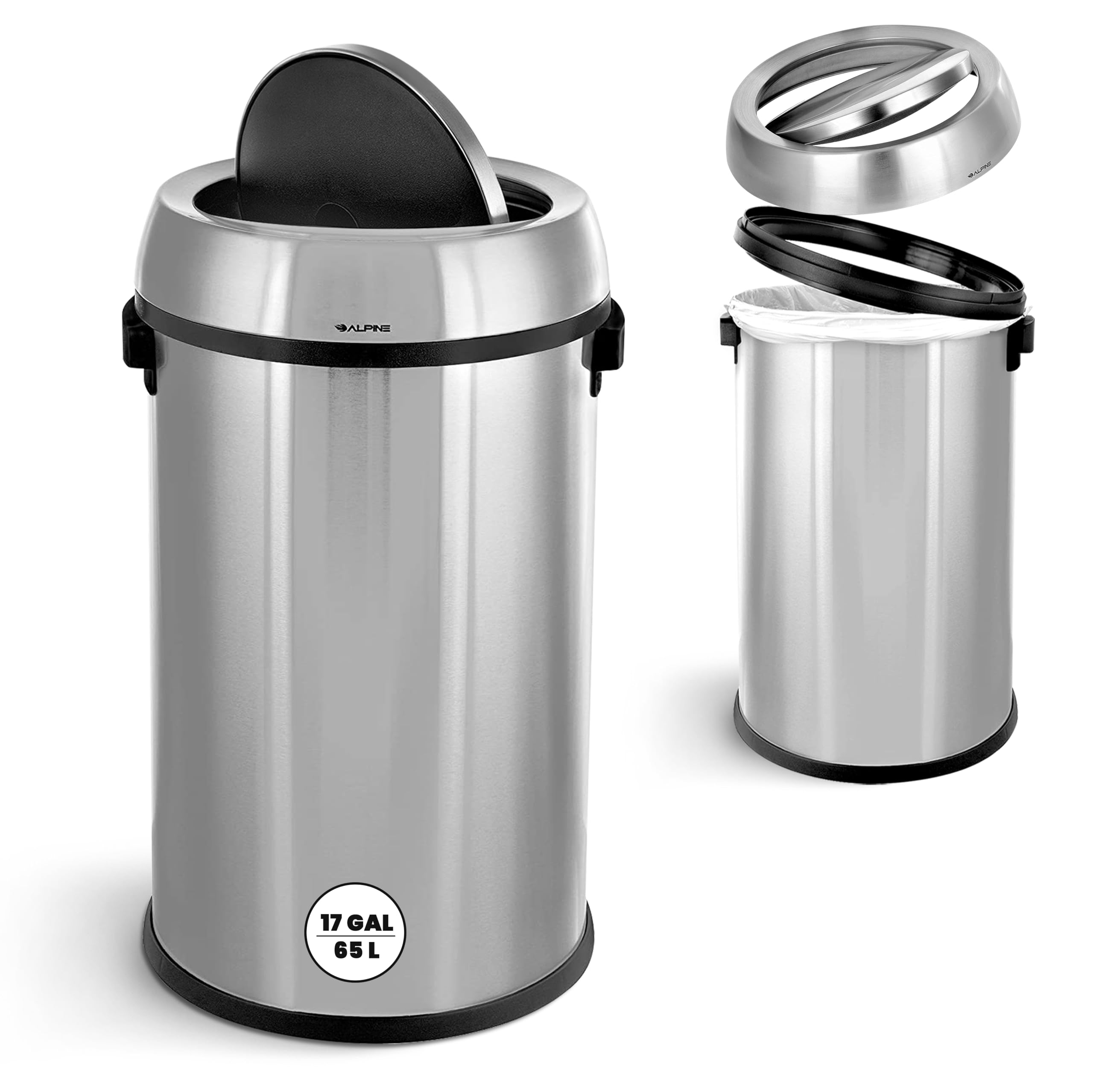 Alpine 17-Gallon Stainless Steel Swing Top Trash Can – Commercial Grade Round Garbage Bin with Odor Control Lid