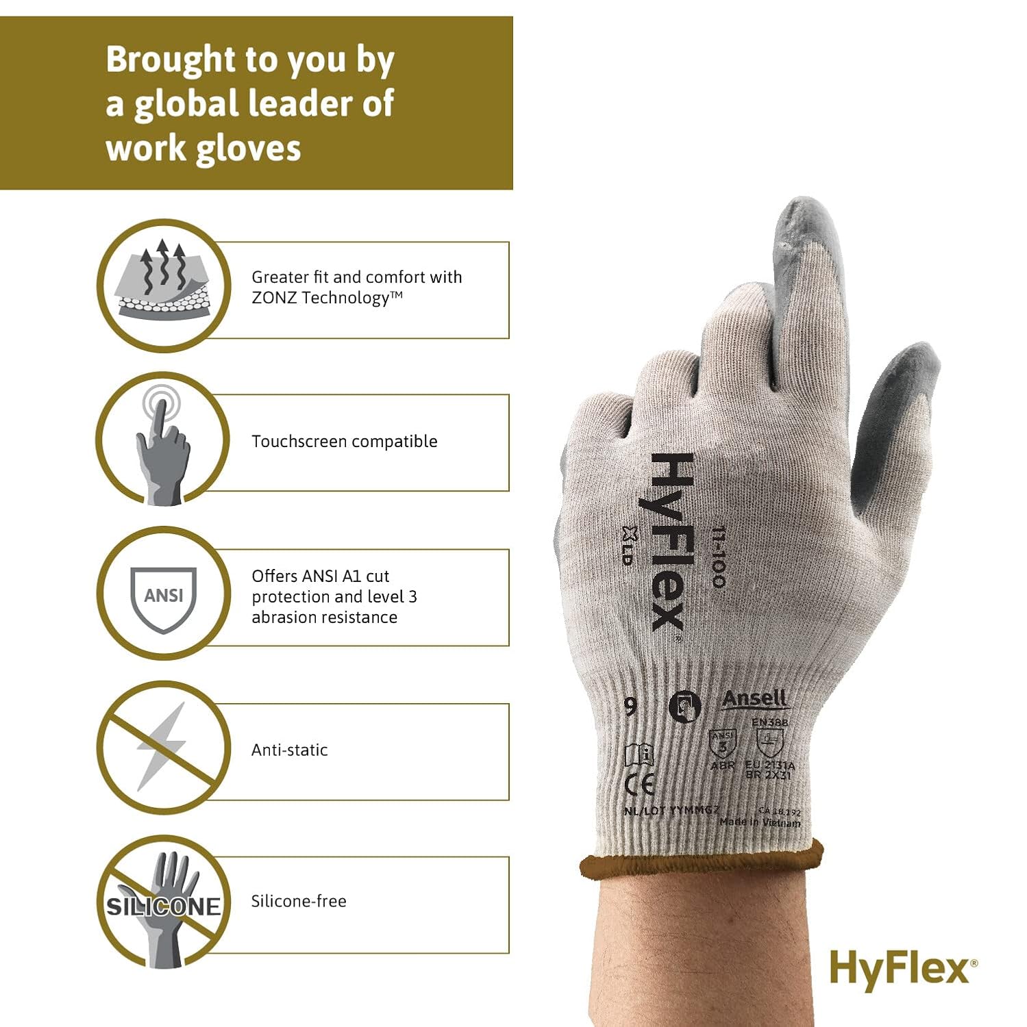 HYFLEX 11-100 Cut-Resistant Foam Nitrile Coated Nylon Gloves withTouchscreen Compatibility for Auto