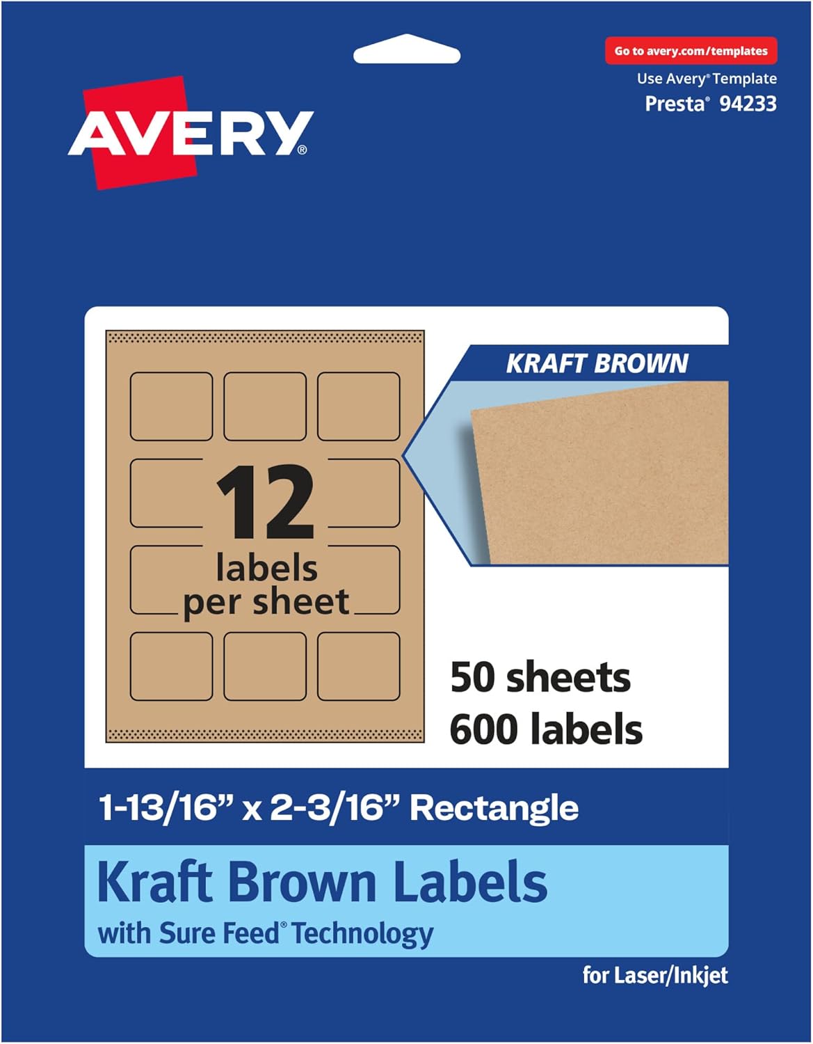 AVERY Kraft Brown Rectangle Labels, Sure Feed Technology, 1-13/16" x 2-3/16", Print-to-The-Edge, Laser/Inkjet Printable